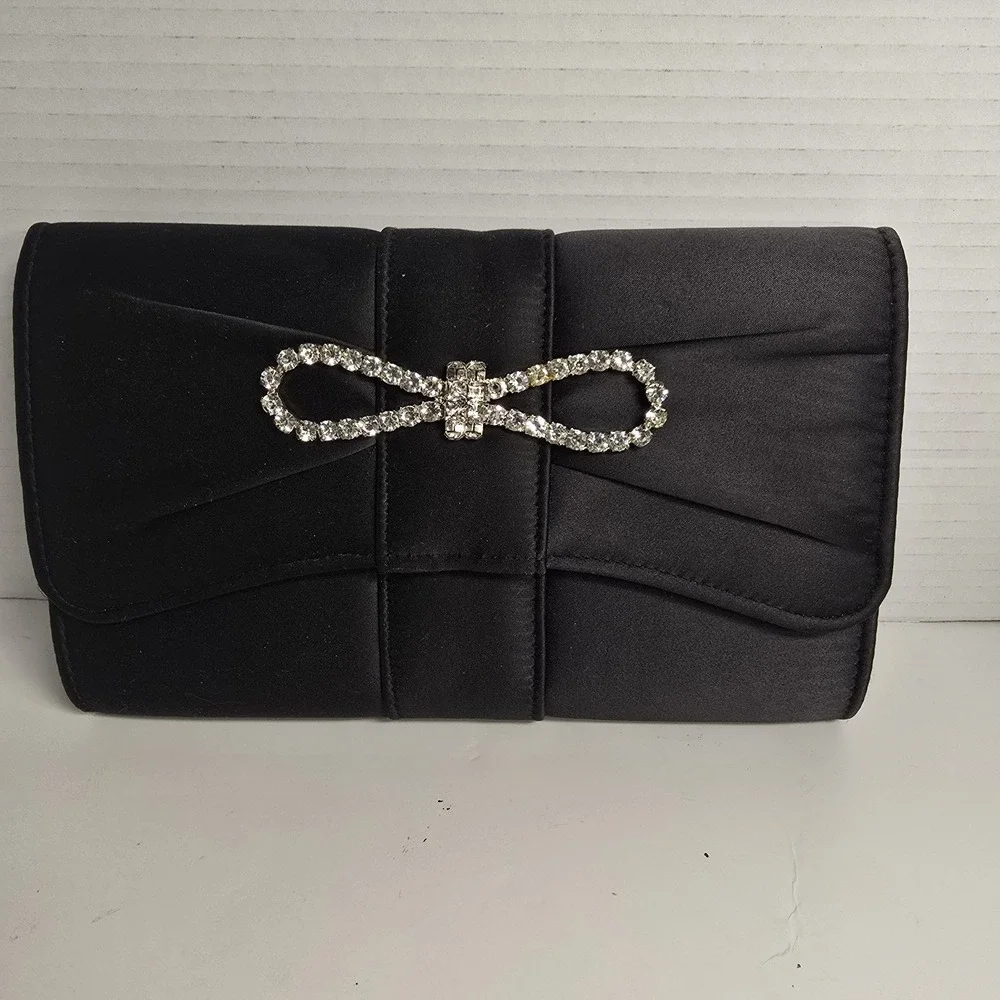 La Regale Black Satin Clutch Rhinestone Bow Evening Bag‎ Formal Occasion